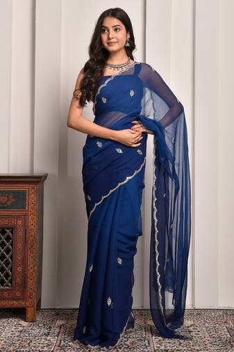 Blue hand embellished mukaish work chiffon saree