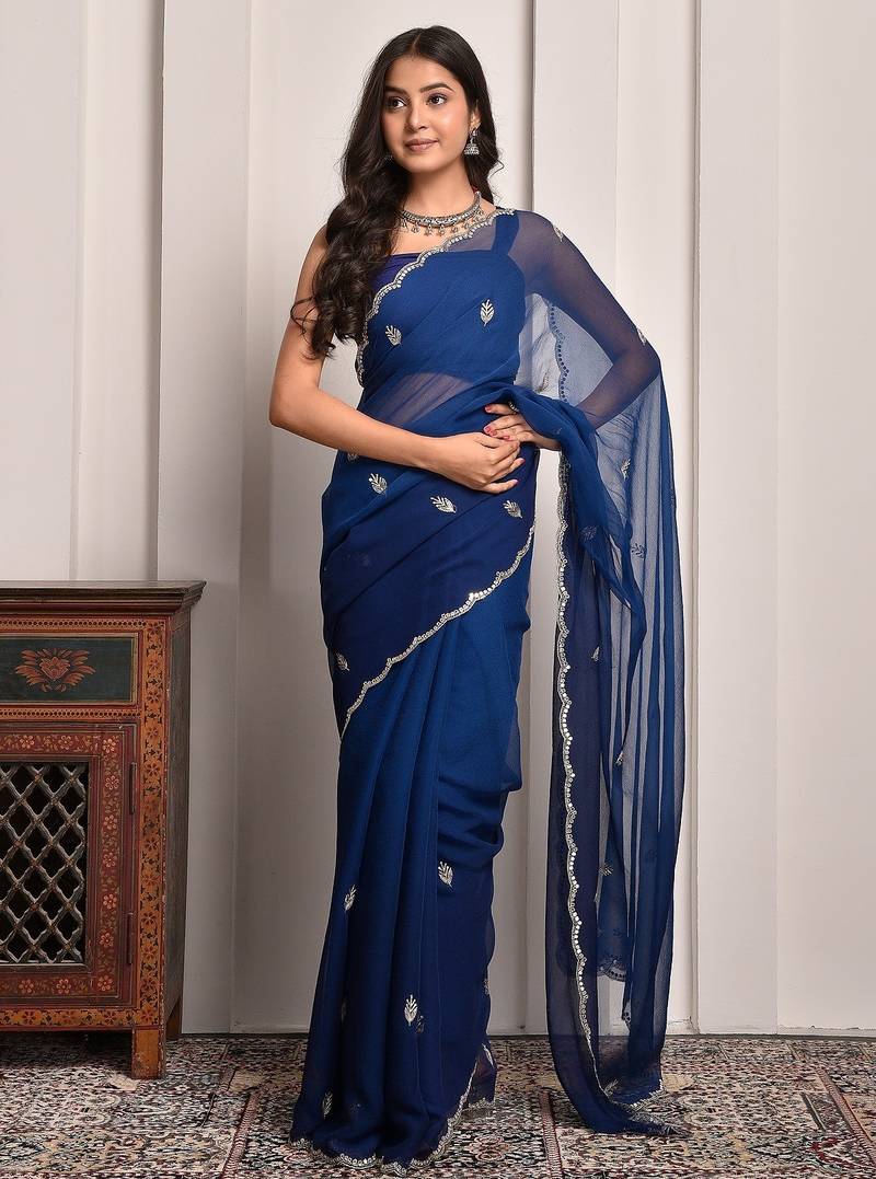 Blue hand embellished mukaish work chiffon saree