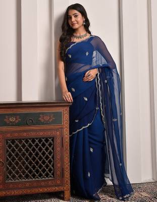 Blue hand embellished mukaish work chiffon saree 2