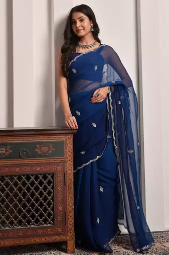 Blue hand embellished mukaish work chiffon saree