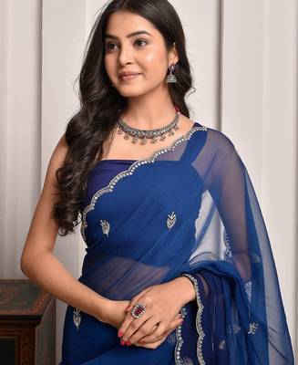 Blue hand embellished mukaish work chiffon saree 3