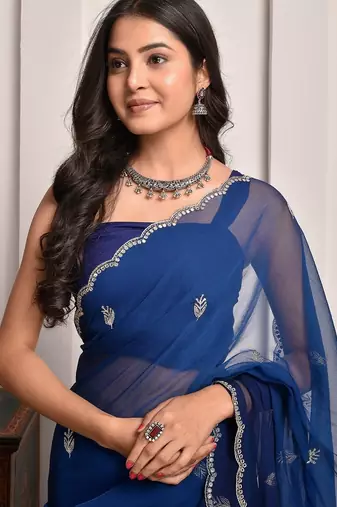 Blue hand embellished mukaish work chiffon saree