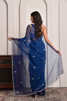 Blue hand embellished mukaish work chiffon saree 5