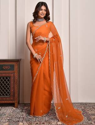 Rust hand embellished mukaish work chiffon saree 1