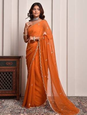 Rust hand embellished mukaish work chiffon saree 2