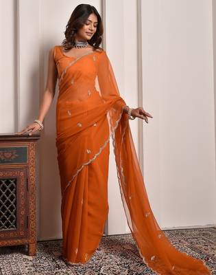 Rust hand embellished mukaish work chiffon saree 3