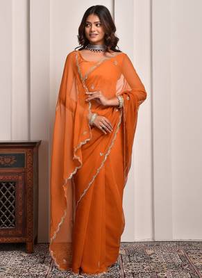 Rust hand embellished mukaish work chiffon saree 4