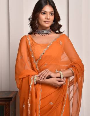 Rust hand embellished mukaish work chiffon saree 5
