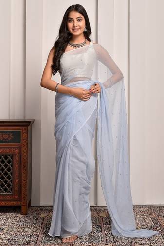 Grey hand embellished sequins work chiffon saree