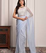 Grey hand embellished sequins work chiffon saree