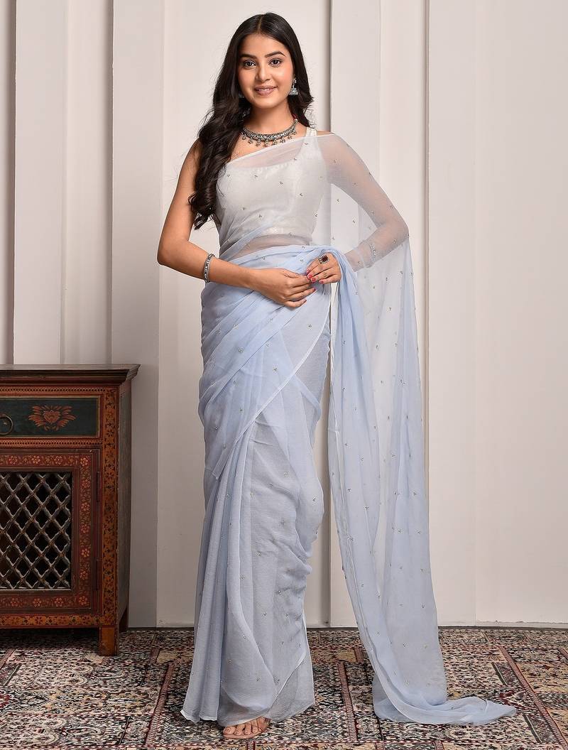 Grey hand embellished sequins work chiffon saree