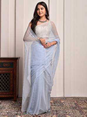 Grey hand embellished sequins work chiffon saree 2