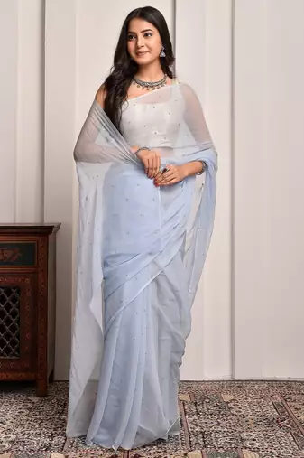 Grey hand embellished sequins work chiffon saree