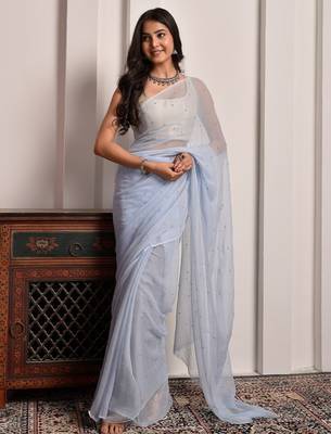 Grey hand embellished sequins work chiffon saree 3