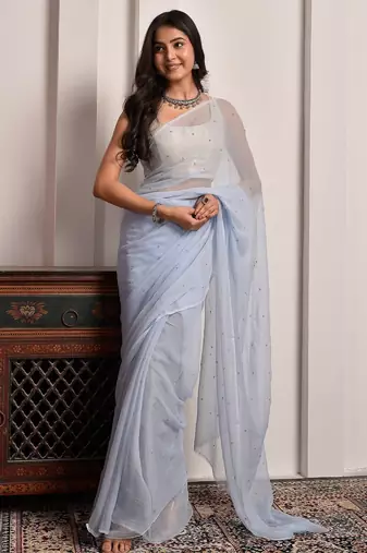 Grey hand embellished sequins work chiffon saree