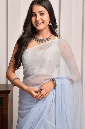 Grey hand embellished sequins work chiffon saree