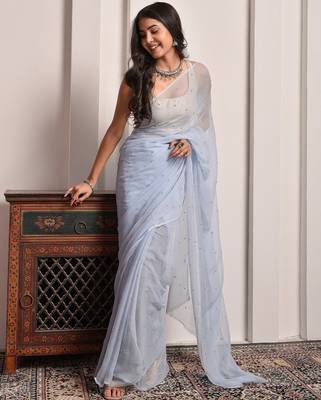 Grey hand embellished sequins work chiffon saree 5