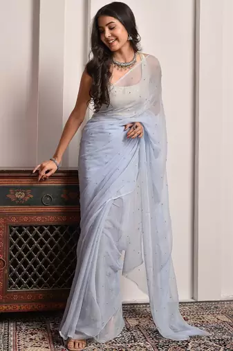 Grey hand embellished sequins work chiffon saree