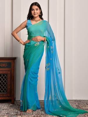 Blue & green shaded hand embellished chiffon saree 1
