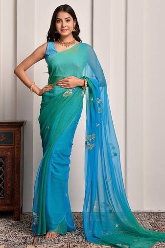Blue & green shaded hand embellished chiffon saree