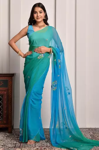 Blue & green shaded hand embellished chiffon saree