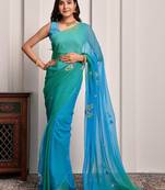 Blue & green shaded hand embellished chiffon saree