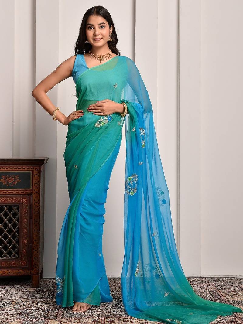Blue & green shaded hand embellished chiffon saree