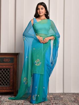Blue & green shaded hand embellished chiffon saree 2