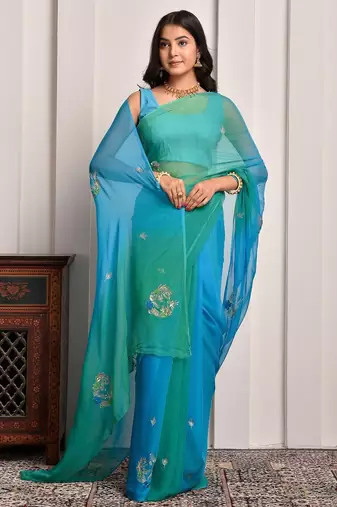 Blue & green shaded hand embellished chiffon saree