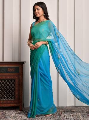 Blue & green shaded hand embellished chiffon saree 3