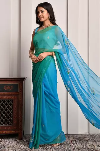 Blue & green shaded hand embellished chiffon saree