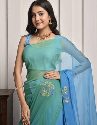 Blue & green shaded hand embellished chiffon saree 4