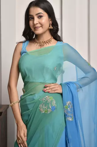 Blue & green shaded hand embellished chiffon saree