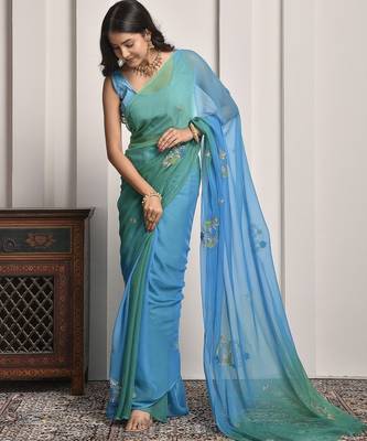 Blue & green shaded hand embellished chiffon saree 5
