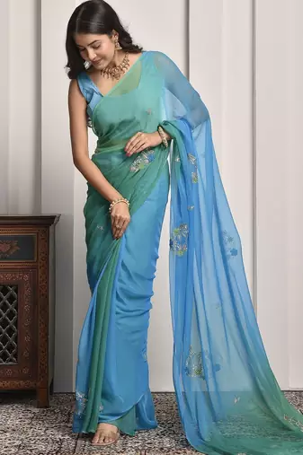 Blue & green shaded hand embellished chiffon saree