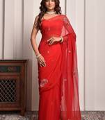 Red shaded hand embellished chiffon saree