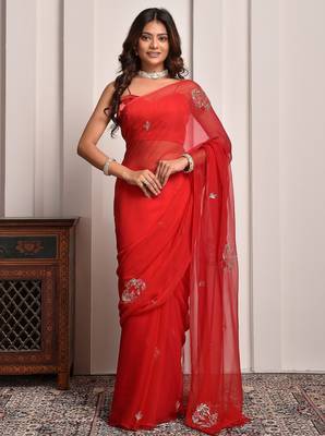 Red shaded hand embellished chiffon saree 2