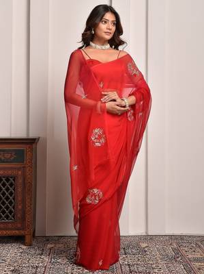 Red shaded hand embellished chiffon saree 3