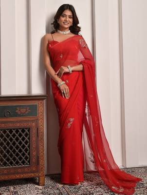 Red shaded hand embellished chiffon saree 4