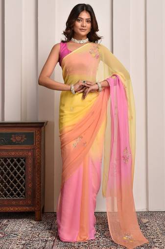 Yellow & peach shaded hand embellished chiffon saree