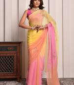 Yellow & peach shaded hand embellished chiffon saree