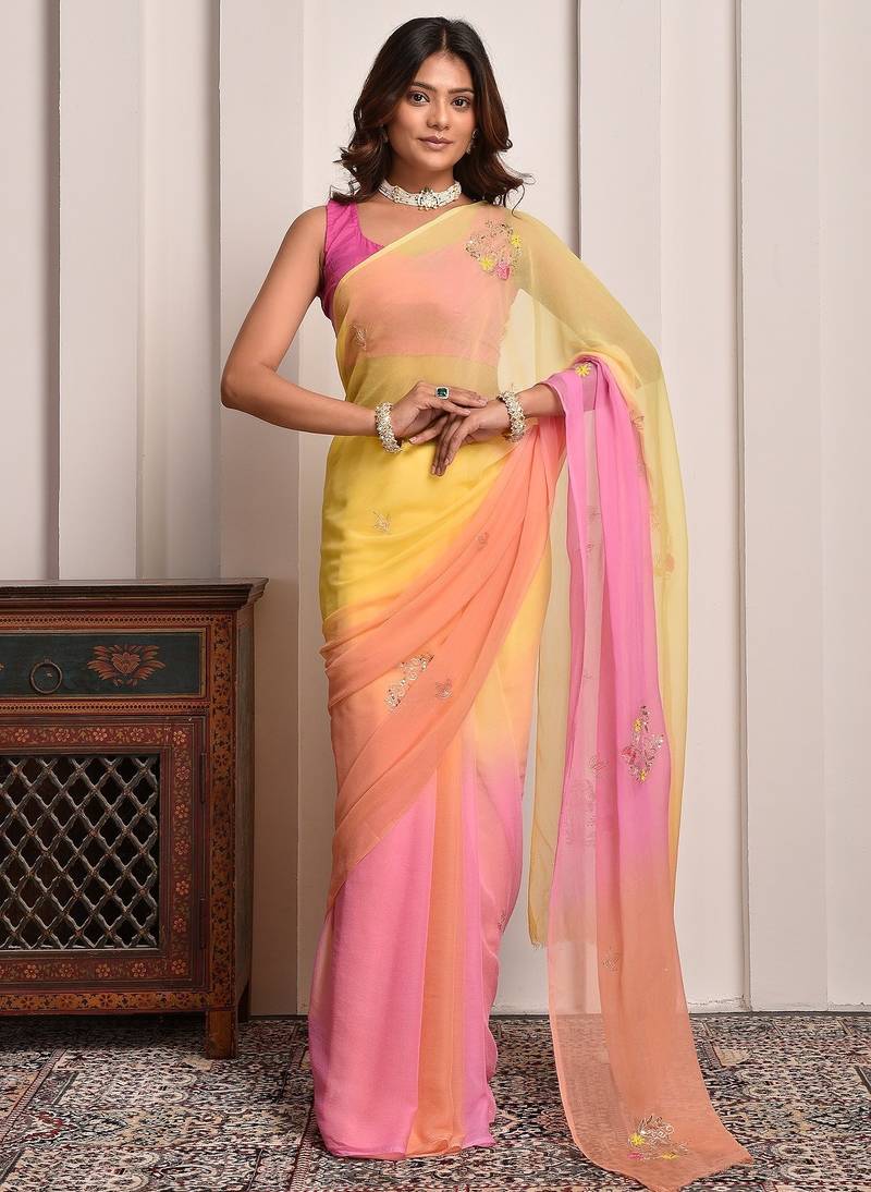 Yellow & peach shaded hand embellished chiffon saree