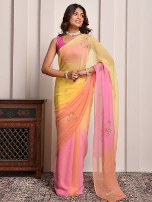 Yellow & peach shaded hand embellished chiffon saree 2