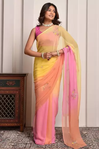 Yellow & peach shaded hand embellished chiffon saree