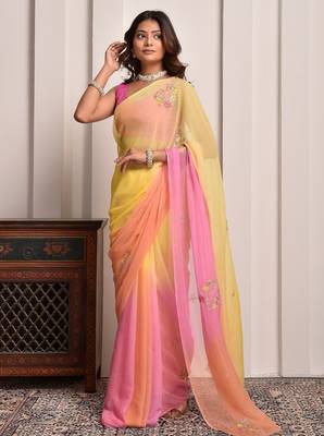 Yellow & peach shaded hand embellished chiffon saree 3