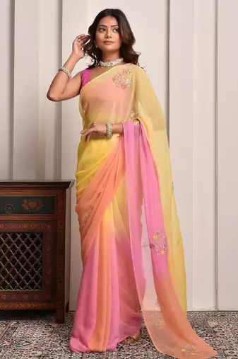 Yellow & peach shaded hand embellished chiffon saree