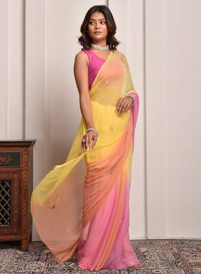 Yellow & peach shaded hand embellished chiffon saree 4