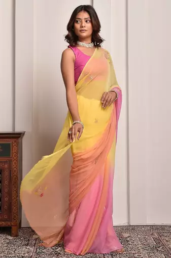 Yellow & peach shaded hand embellished chiffon saree