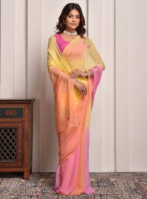 Yellow & peach shaded hand embellished chiffon saree 5
