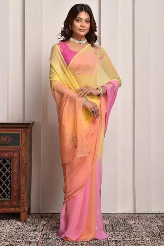 Yellow & peach shaded hand embellished chiffon saree